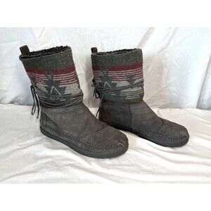 Toms Nepal Suede Moccasin Jacquard Boots Womens Size 6.5 Gray Aztec